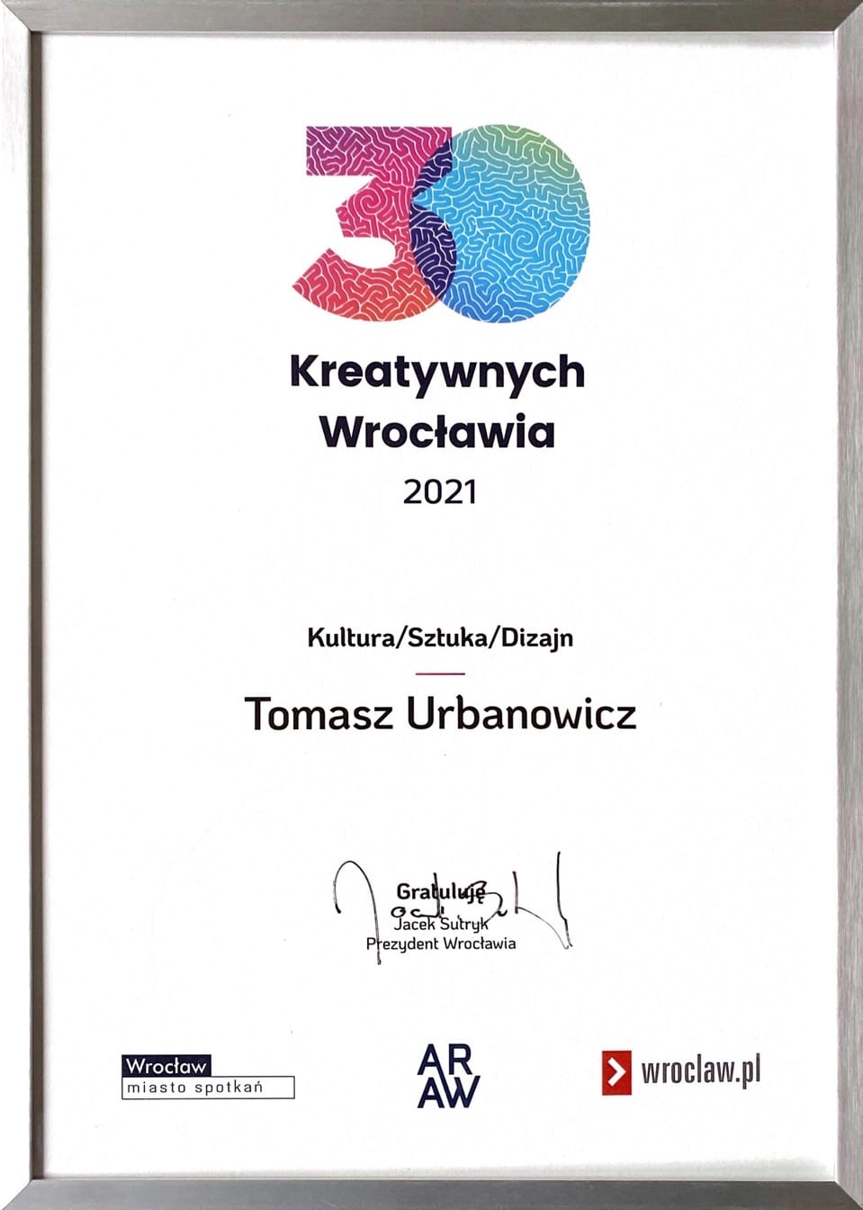 Dyplom 30 kreatywnych Wrocławia dla Tomasza Urbanowicza