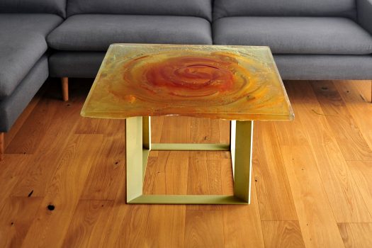 Archiglass Applied Arts Glass Table Stolik Szklany Bursztynowy Wulkan Amber Volcano Mosiądz Brass 80x80